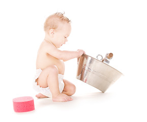 Image showing baby boy with wash-tub