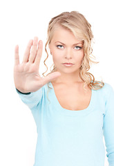 Image showing woman making stop gesture