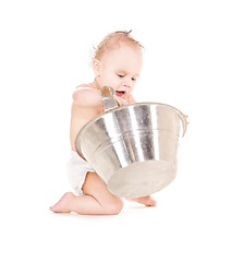 Image showing baby boy with wash-tub