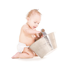 Image showing baby boy with wash-tub