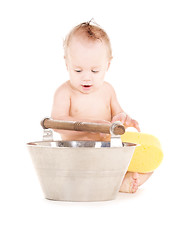 Image showing baby boy with wash-tub