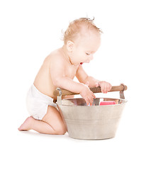 Image showing baby boy with wash-tub