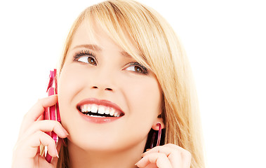 Image showing happy girl with pink phone