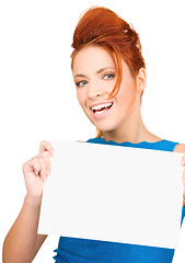 Image showing happy woman with blank board