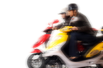 Image showing couple girls racing on electric scooter