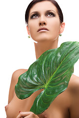 Image showing woman with green leaf