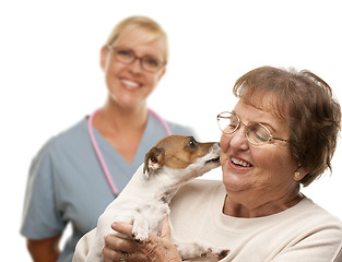 Image showing Happy Senior Woman with Dog and Veterinarian