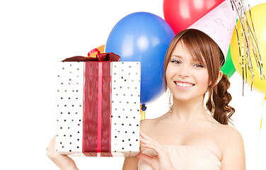 Image showing party girl with balloons and gift box