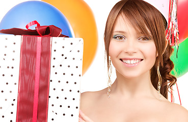 Image showing party girl with balloons and gift box