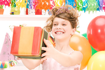 Image showing party girl with balloons and gift box