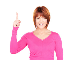 Image showing attractive businesswoman with her finger up