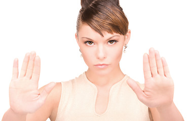 Image showing woman making stop gesture