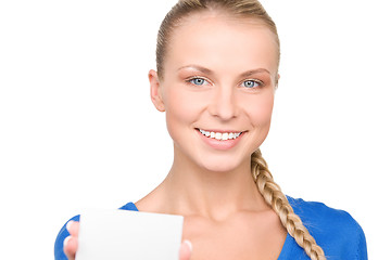 Image showing happy woman with business card