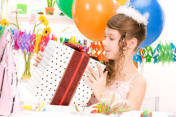 Image showing party girl with balloons and gift box