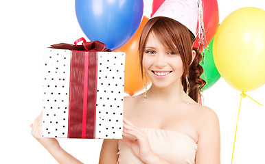 Image showing party girl with balloons and gift box