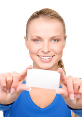 Image showing happy woman with business card