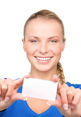 Image showing happy woman with business card