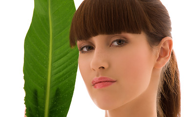 Image showing woman with green leaf