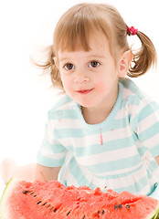 Image showing little girl with strawberry and watermelon