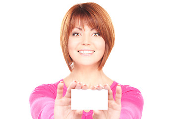 Image showing happy woman with business card