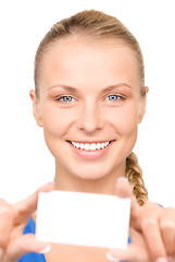 Image showing happy woman with business card