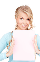 Image showing happy woman with blank board