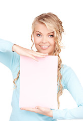 Image showing happy woman with blank board