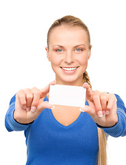 Image showing happy woman with business card