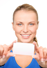 Image showing happy woman with business card