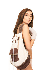 Image showing beautiful woman in mittens with backpack