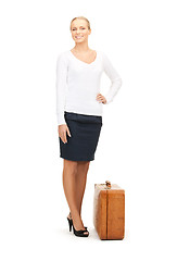 Image showing woman with brown suitcase
