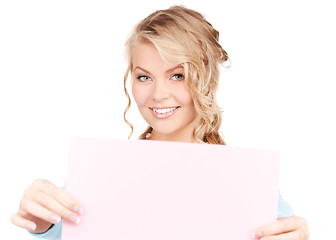 Image showing happy woman with blank board