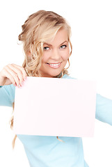 Image showing happy woman with blank board