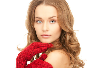 Image showing beautiful woman in red mittens 