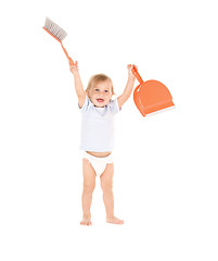 Image showing baby boy with with dustpan and brush 