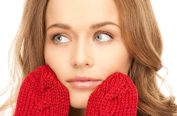 Image showing beautiful woman in red mittens 