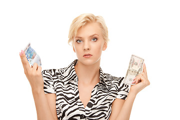 Image showing woman with euro and dollar