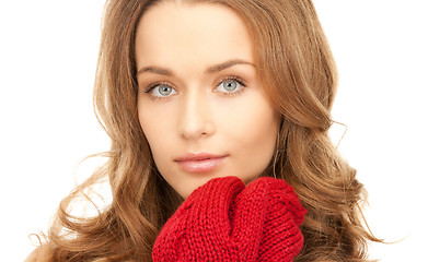 Image showing beautiful woman in red mittens 