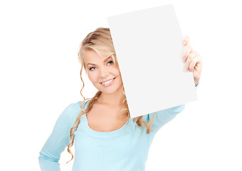 Image showing happy woman with blank board