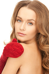 Image showing beautiful woman in red mittens 