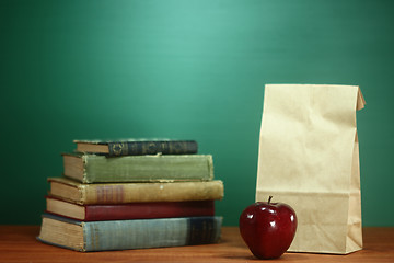 Image showing Books, Apple and Lunch on Teacher Desk