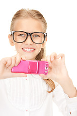 Image showing happy girl taking picture with cell phone