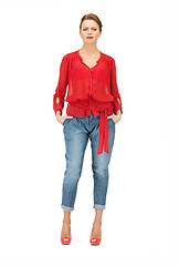 Image showing lovely woman in red blouse and jeans