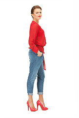 Image showing lovely woman in red blouse and jeans