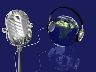 Image showing earth with bumps and grids,headphones and vintage microphone