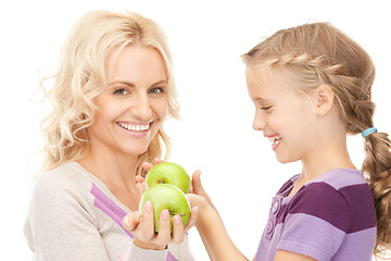 Image showing mother and little girl with green apple