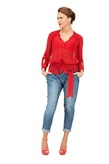 Image showing lovely woman in red blouse and jeans