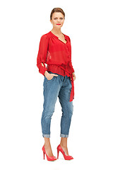 Image showing lovely woman in red blouse and jeans