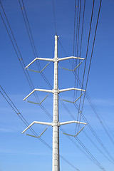 Image showing White electricity pylon and power lines