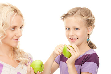 Image showing mother and little girl with green apple